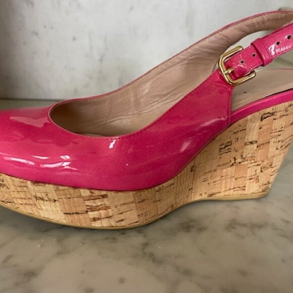 STUART WEITZMAN Jenny Fuchsia Peep Toe Sling Back Cork Wedge 6M - Picture 11 of 17